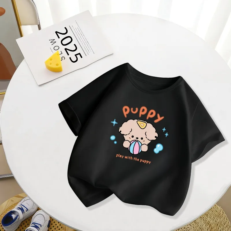Ball Carrying Puppy Printed Children's T-shirt New Personalized Parent-child Outfit Casual Round Neck Daily T-shirt Fashionable