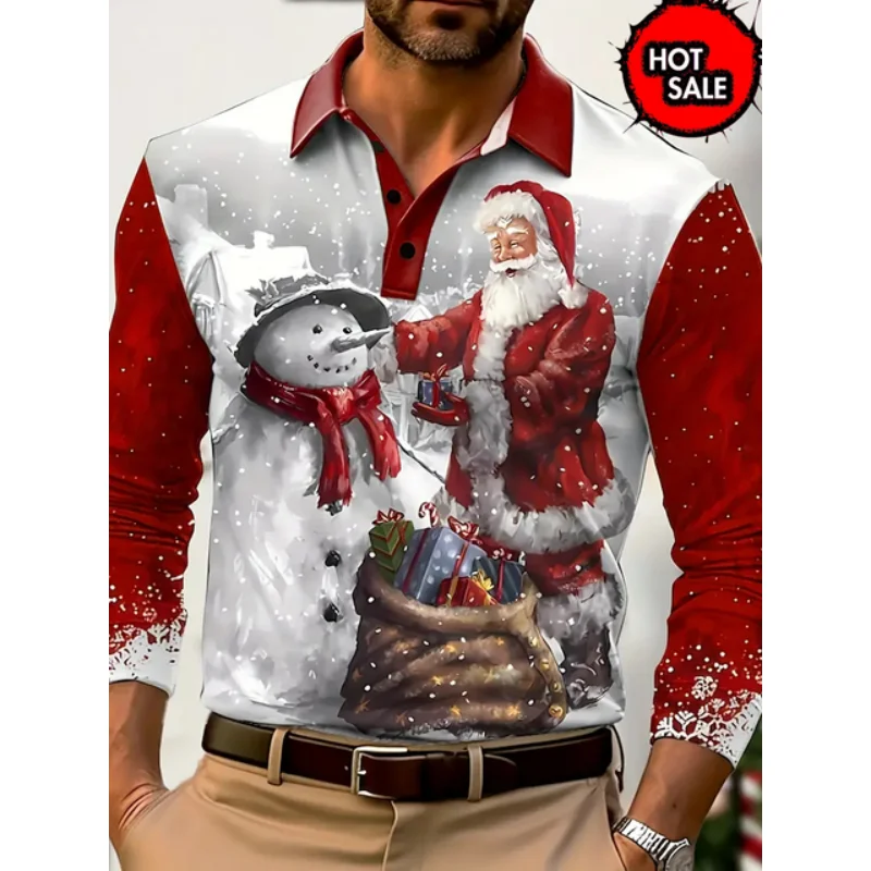 

Men's Christmas Casual Long Sleeve Polo Shirts X'mas Theme Button Up Lapels Pullover 3D Santa Claus Printed Fashion Men Clothing