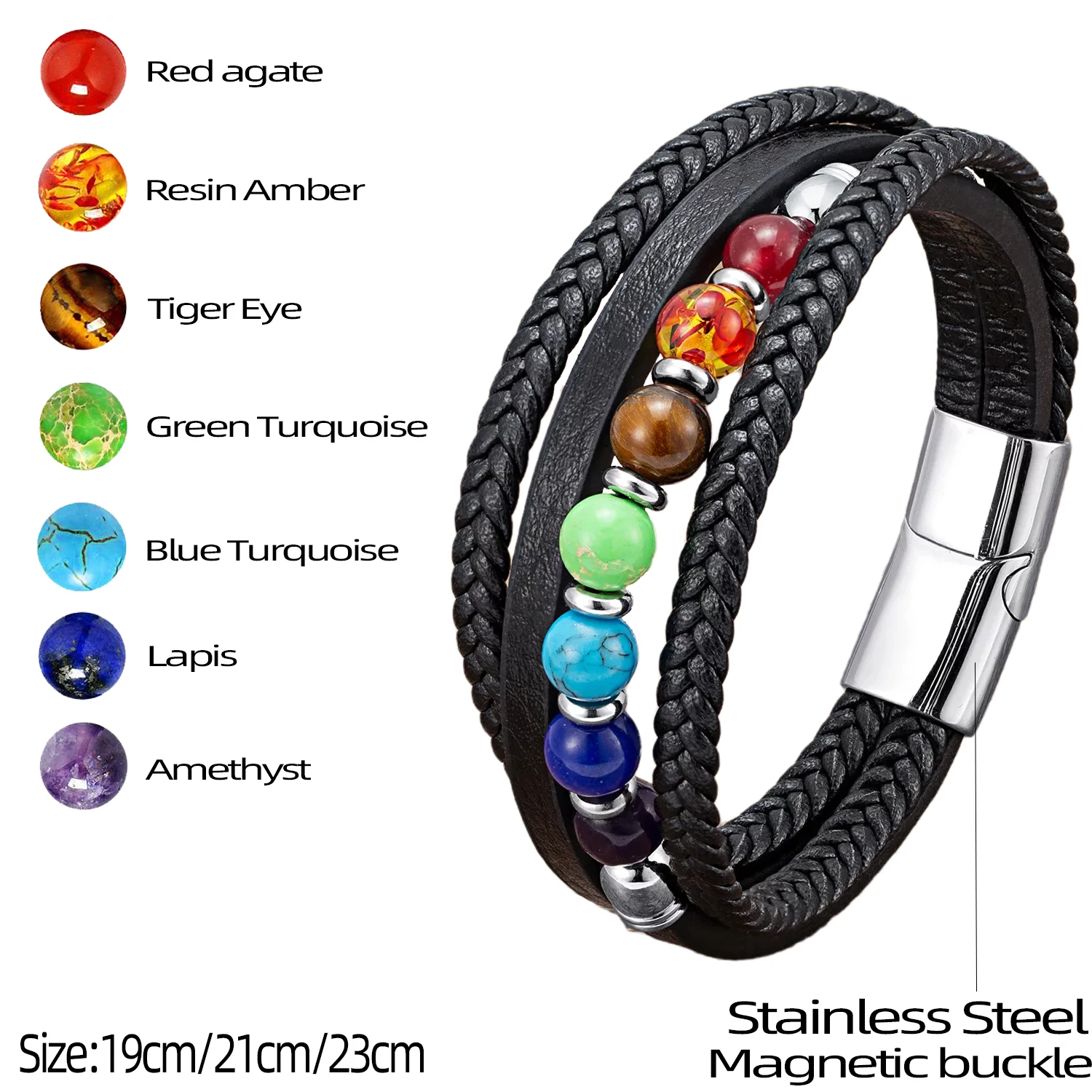 7 Chakra Natural Stone Handmade Braided Leather Bracelets Men Women Colorful Reiki Healing Beaded Charm Bracelet