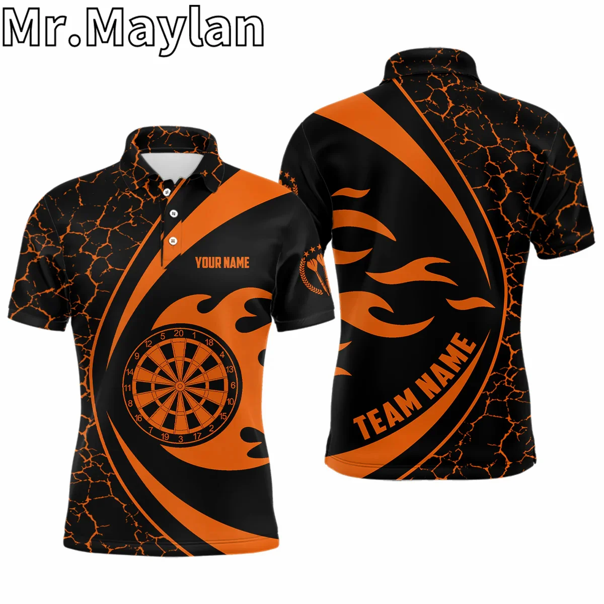 3D Personalized Name Orange Fire Flame Darts Mens Sports Polo Shirts Darts Shirt For Men Darts Team Jersey Gift For Darts Lovers