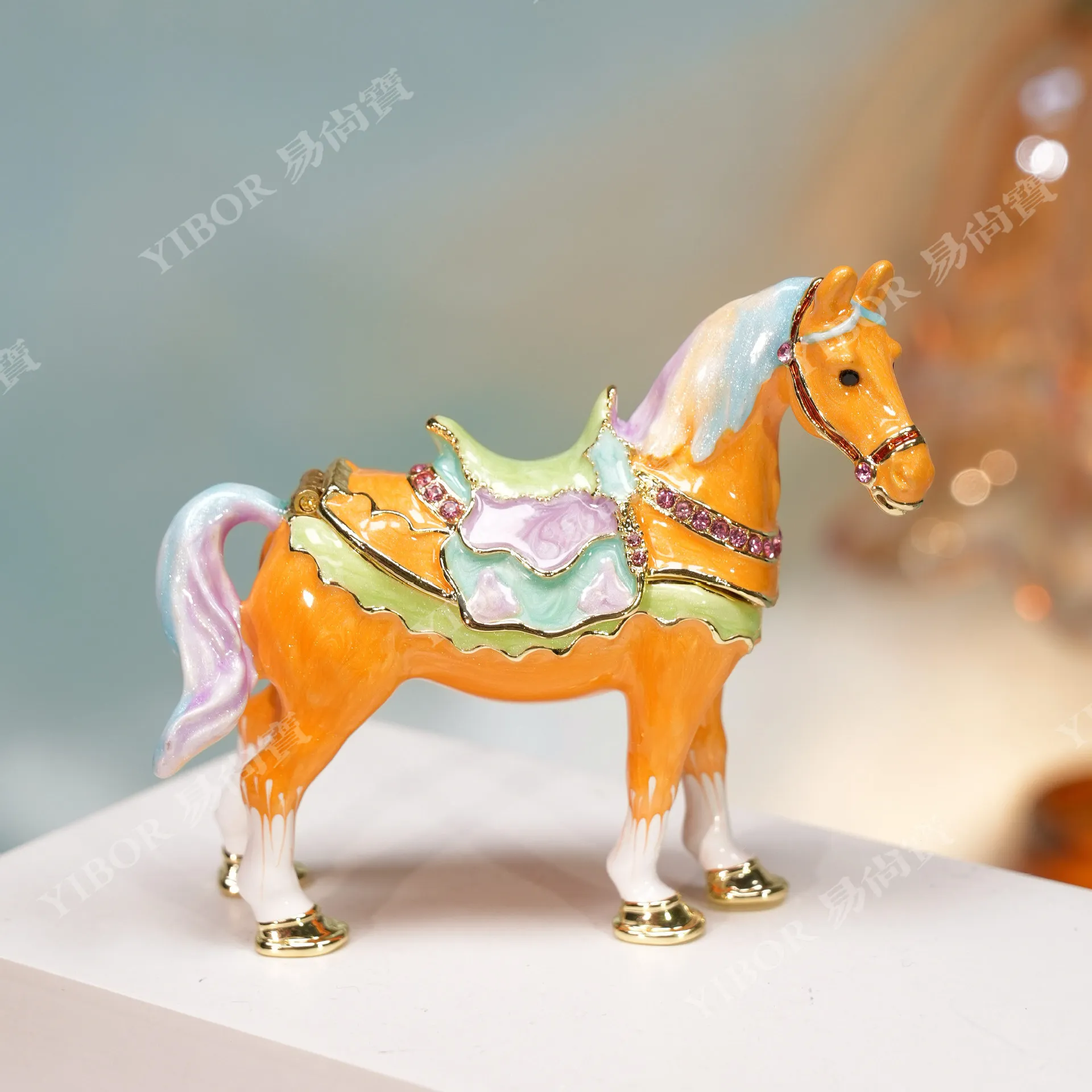 Jeweled Enamel Pewter Carousel Horse Hinged Trinket Jewelry Box Metal Home Decoration Novelty Gifts