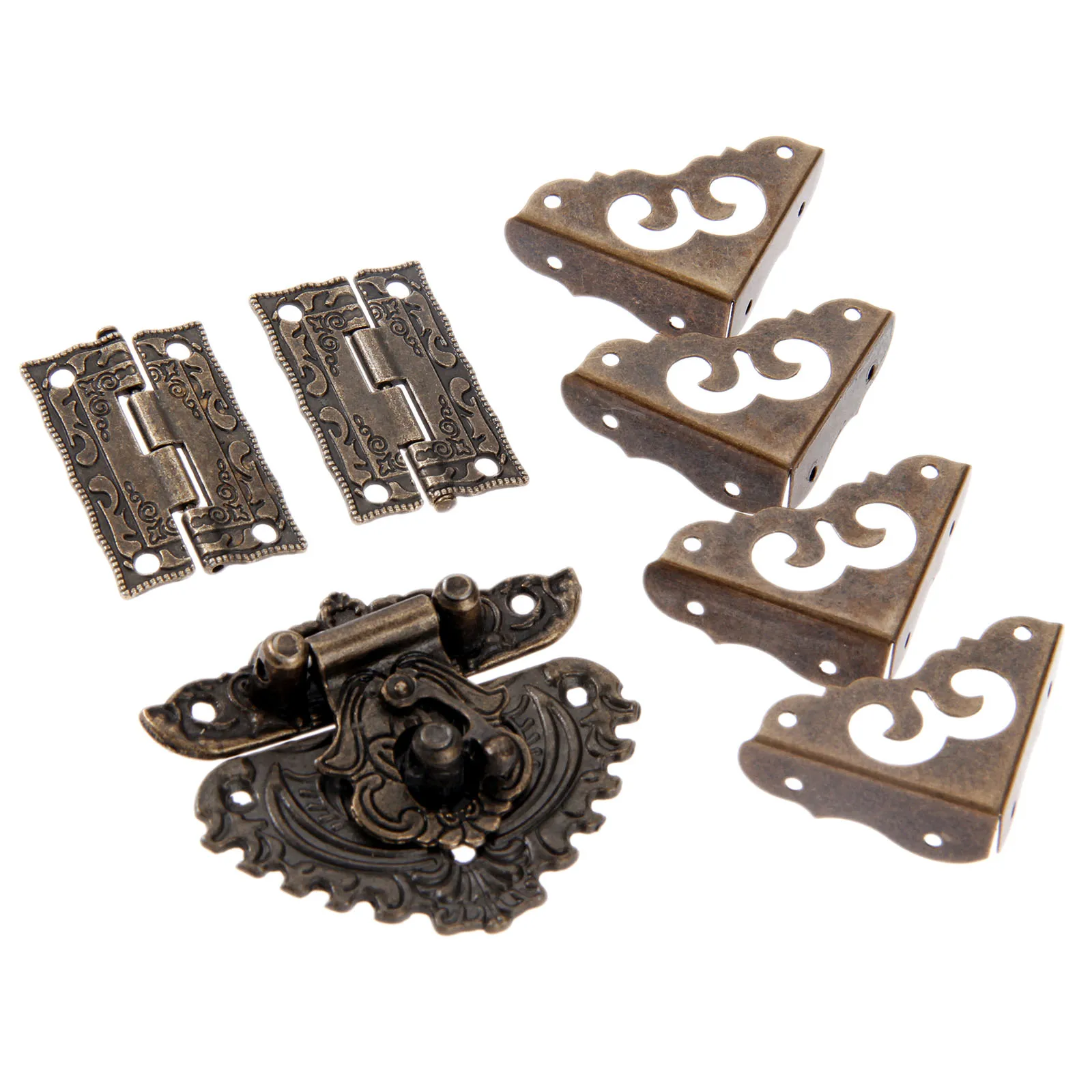 

7pcs Latch Hasp+Hinge+Corner Protectors Antique Bronze Chinese Old Style Retro Furniture Decorative Hardware