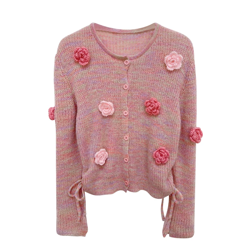 2024 Autumn Flowers Embroidery Short Sweater Cardigan For Women Long Sleeve Japanese Kawaii Sweet Clothes Knitted Pink Sweater