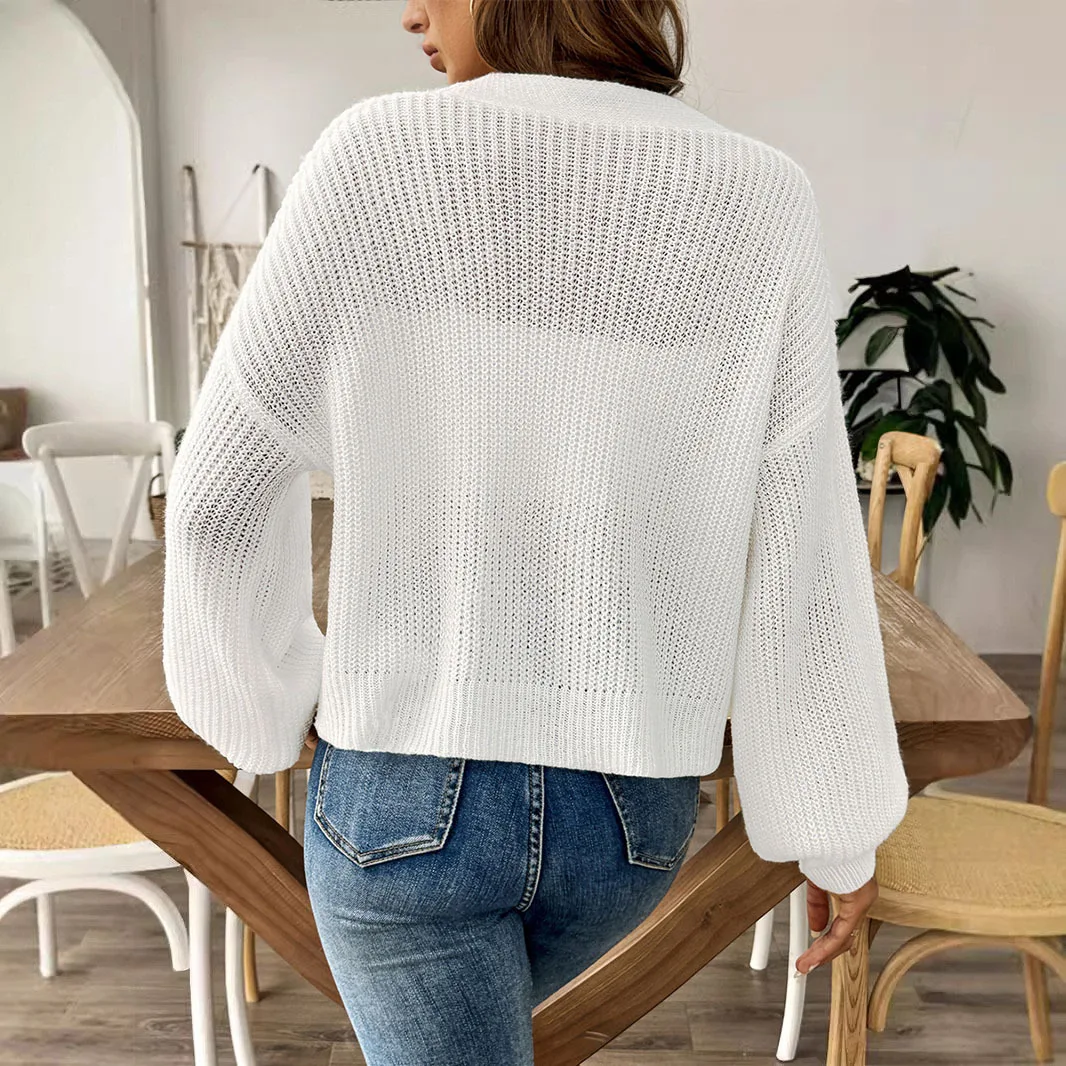 Imagen 3: 2025 Cárdigan con botones de Color sólido, suéter de punto con una hilera de botones, chaqueta para mujer, cárdigan de Otoño Invierno, suéter corto Simple