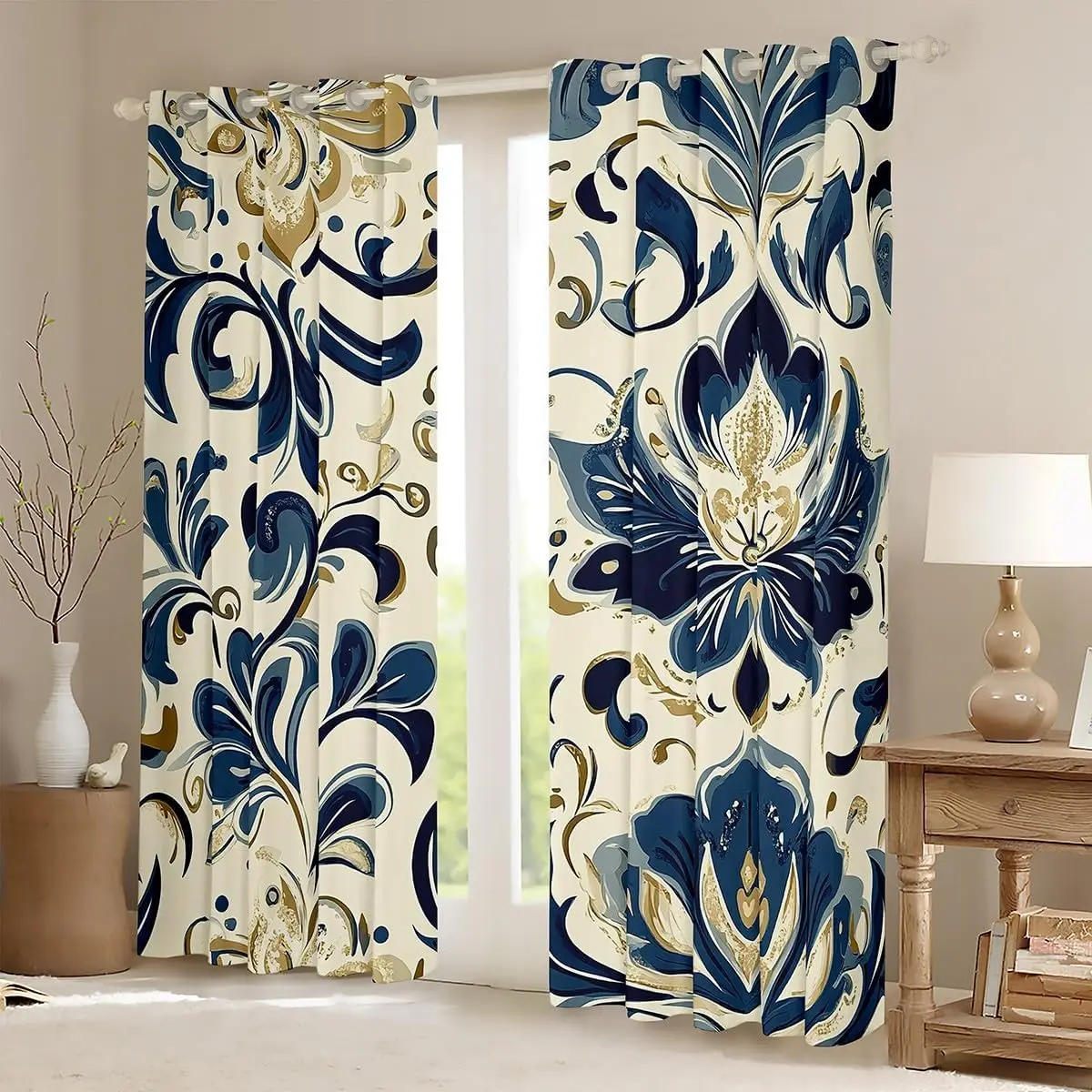 Luxurious Blue Gold Baroque Damask Curtains Polyester Drapes for Living Room and Bedroom Home Decoration Window Panels Curtain S