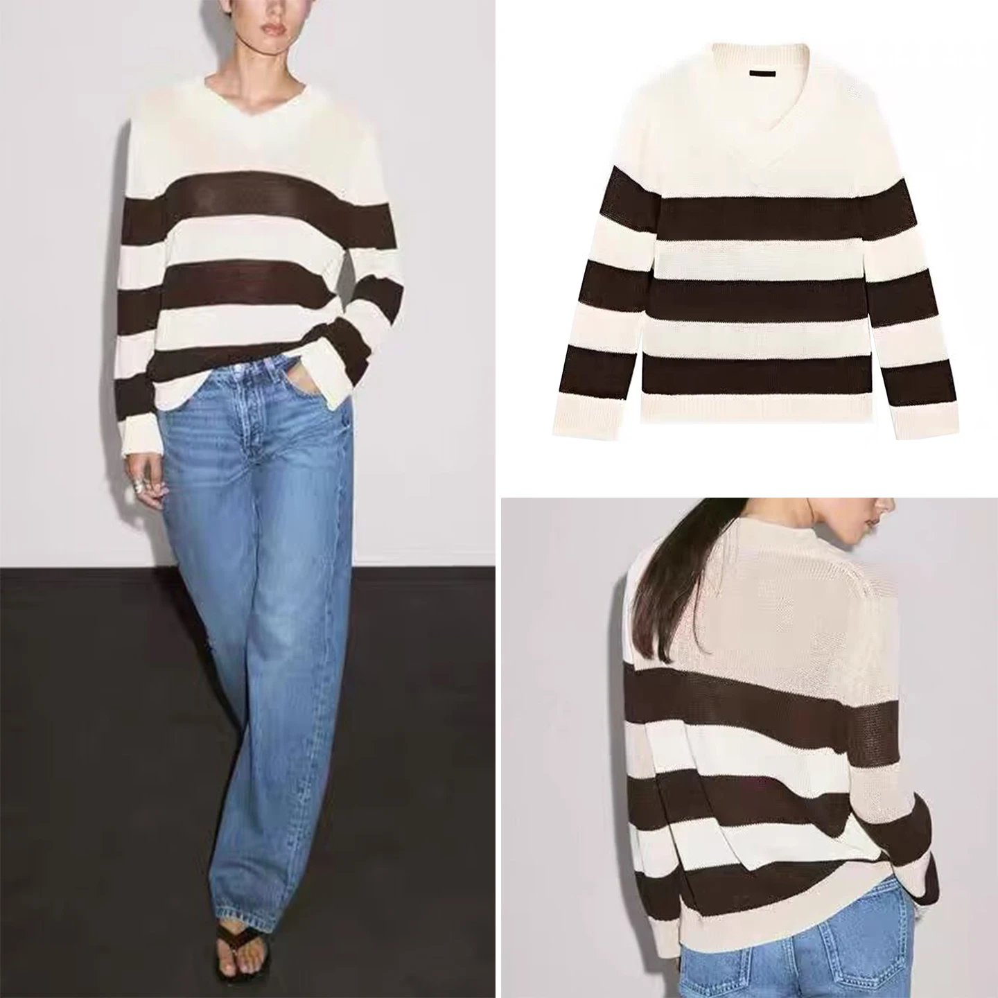

Ele Striped V-Ne Knitwear Casual Sle Loose Fit Long Sve Polyester Fiber Women's Autumn 2025 New Faion Top
