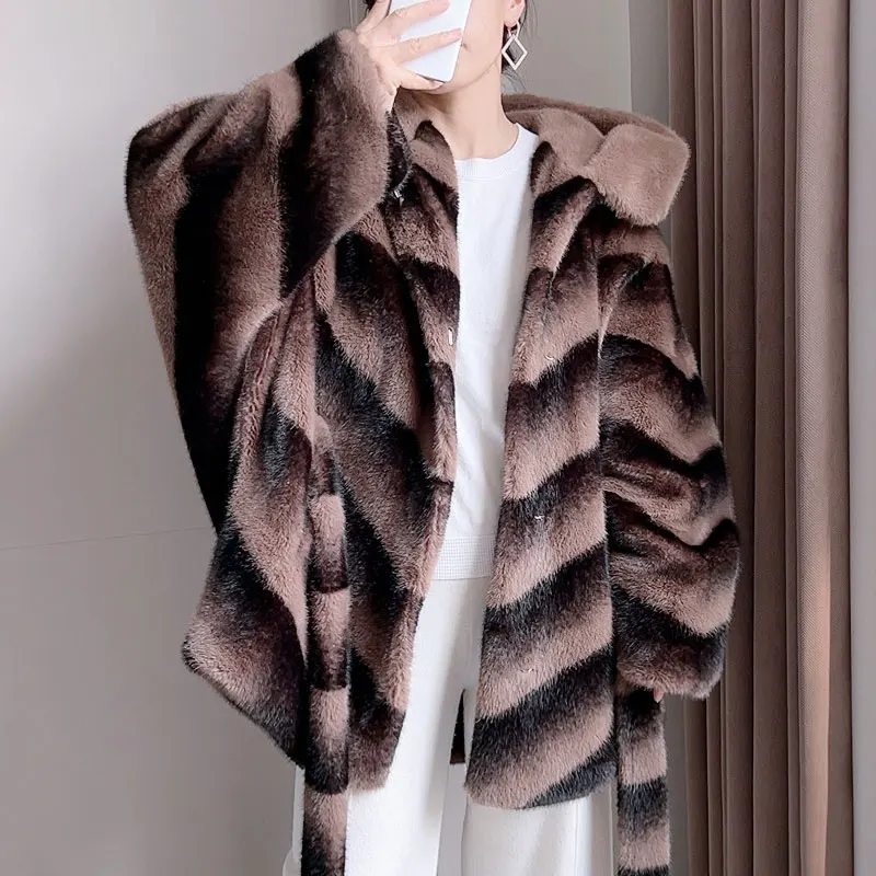 

Fashionable Totoro Print Imitation Rex Rabbit Fur Fur One Imitation Fur Coat Women's Temperament Stripes Contrast Color Soft Wax