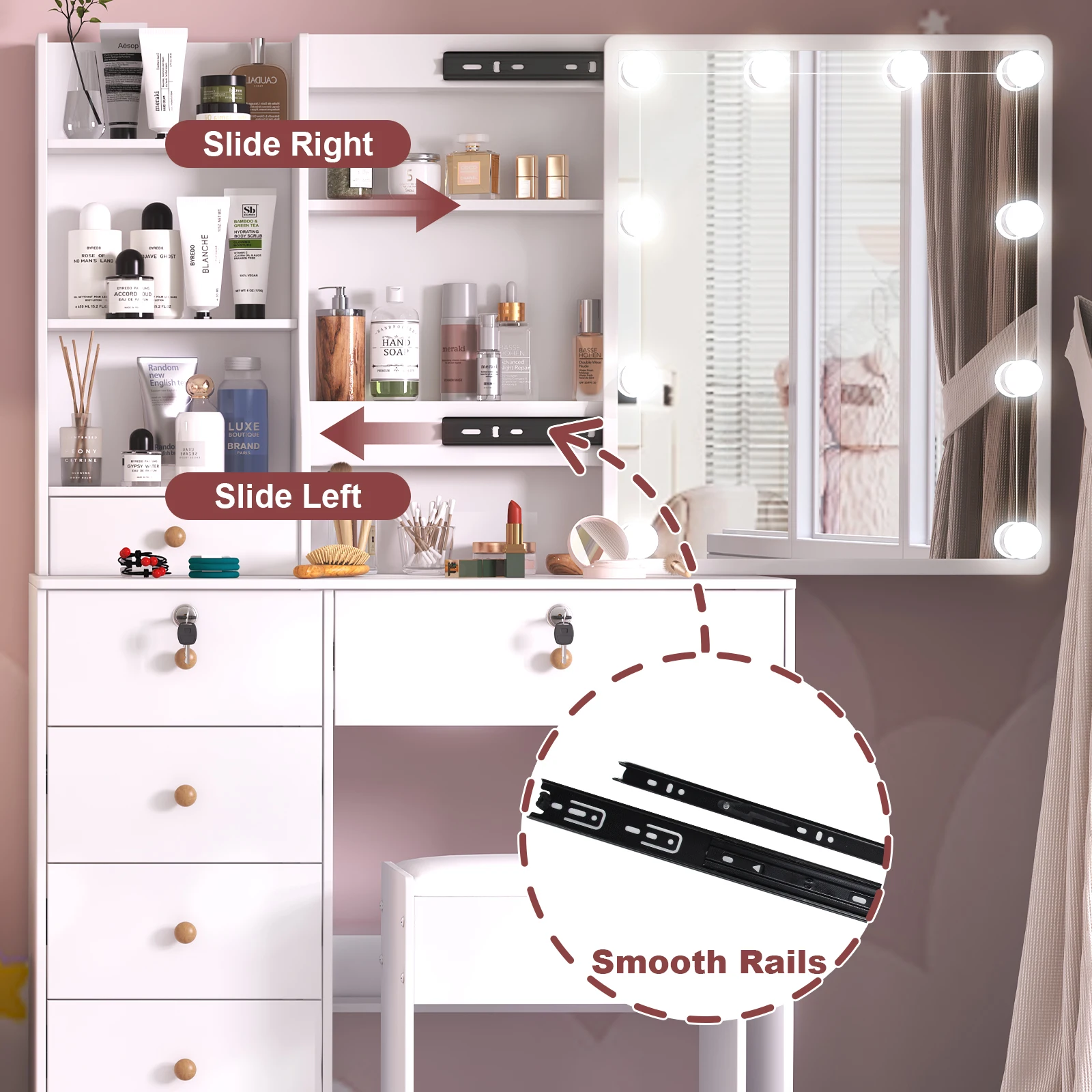 Makeup Vanity Desk Set with Mirror & Cushioned Stool, 10 LED Hollywood Lights Dressing Table, 6 Drawers Large Storage Bedroom Vanity Table for Women Cosmetic Makeup Station