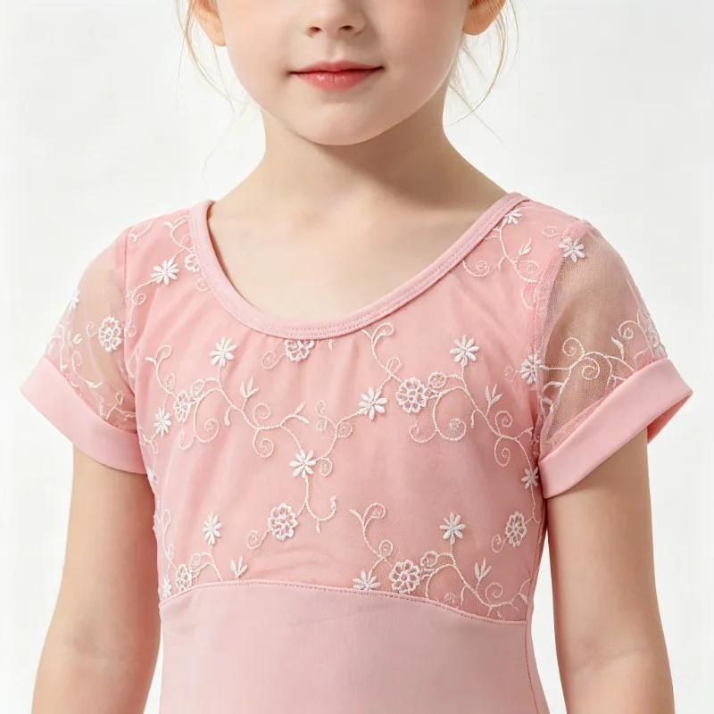 

Embroidery Ballet Leotard, Short Sleeve U-Back Dancewear, Gymnastics Bodysuit for Ballet Class Daily Practice Recital 3-8Y