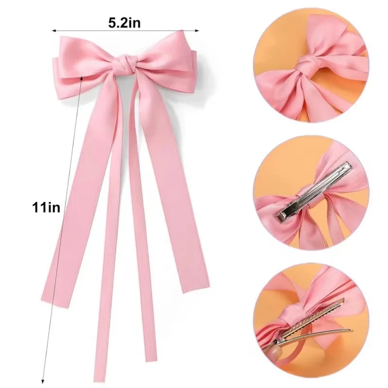 2 PCS Fashion Double Bowknot Hair Clips for Women Trendy Girls Ribbon Long Tail Bow Barrettes Solid Color Hair Accessories