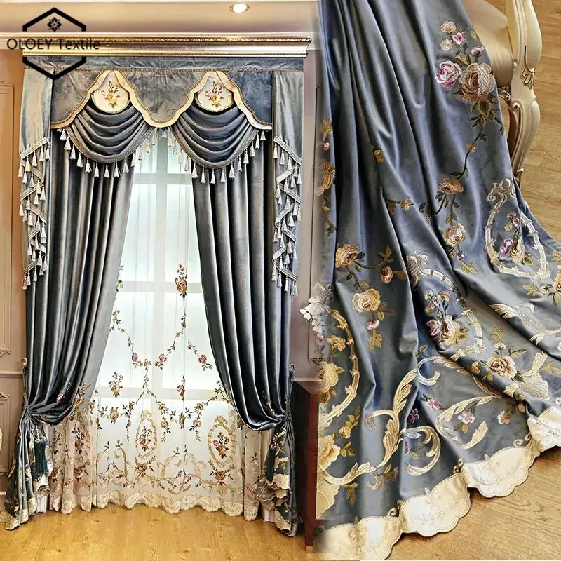 

Custom Velvet Embroidered Shading Curtains for Living Room Bedroom Villa Deep Blue Green Luxury Thickened Precision Drapes