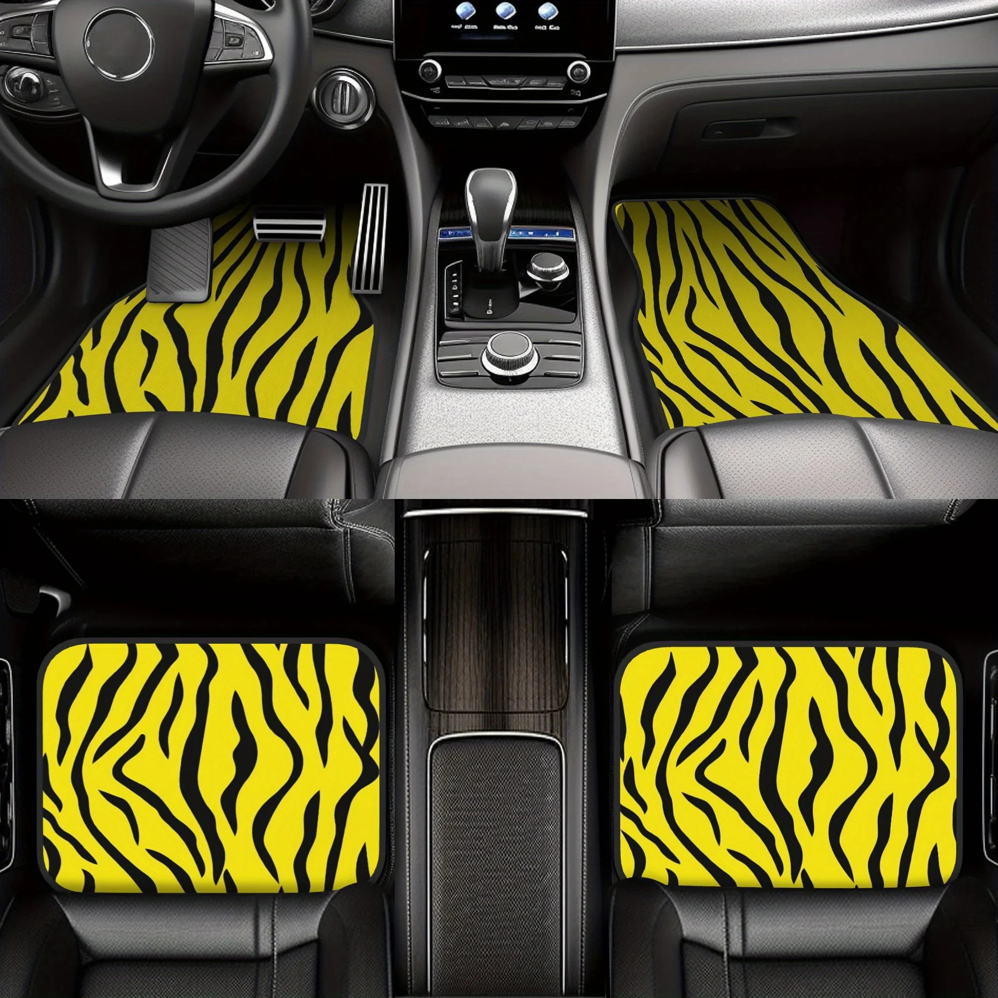 4pcs Yellow Tiger Car Floor Mat - Durable Polyester, Fits All Vehicles, Non-slip Design, Stylish Black And Yellow Zebra Pattern,