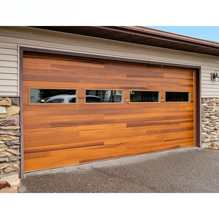 Modern Electric Automatic Wooden Grain Panels Look Garage Door High End Aluminum Faux Wood Sectional Garage Doors