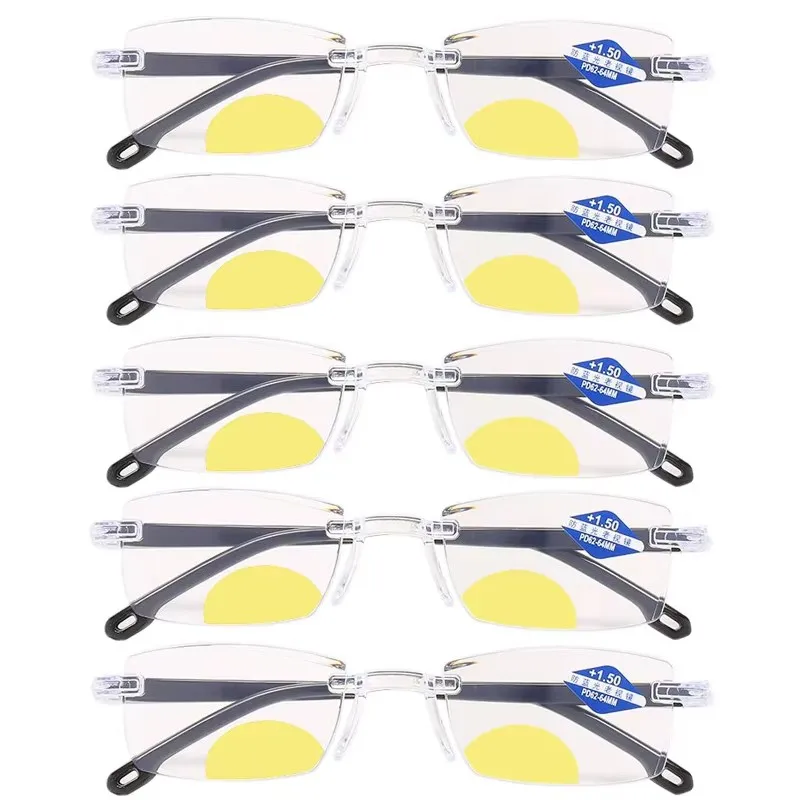 5 Pcs Frameless Cutting Multi-focus Bifocal Reading Glasses Unisex far Near Dual-use Anti-blue light Hyperopia Eyeglasses1.0-4.0