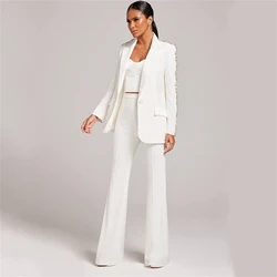 Conjunto de terno de strass branco feminino, conjunto de calças blazer, um botão, blazer de mangas completas, calça flare, 2 peças