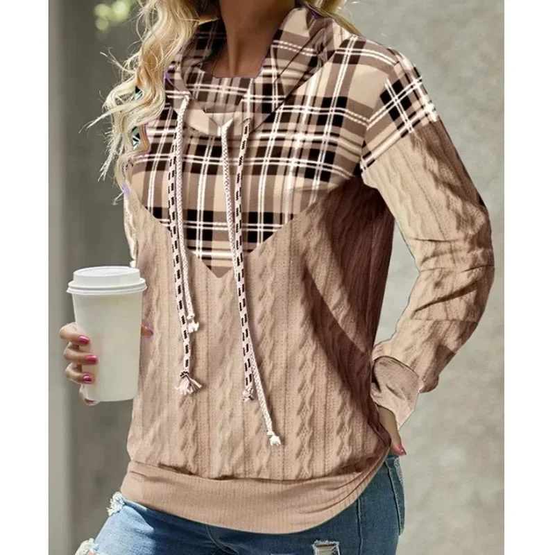 2023 New Autumn Minimalist and Comfortable Patchwork Plaid Hooded Jacquard Long Sleeved Temperament Commuting Women's Sweater