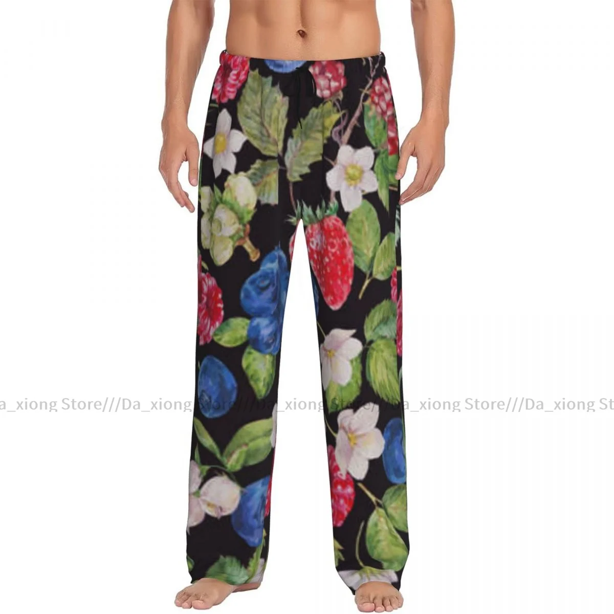 Mens Casual Pajama Long Pant Loose Elastic Waistband Berries Pattern Cozy Sleepwear Home Lounge Pants