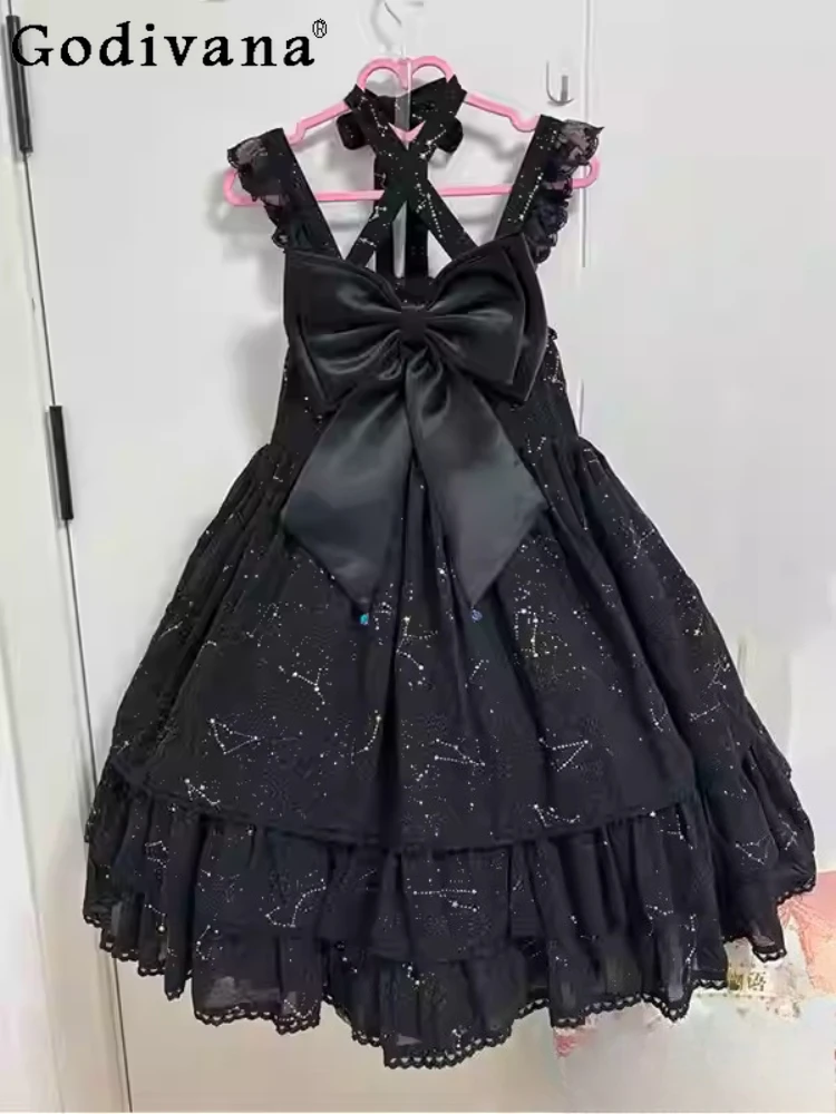 

Black Halloween Sweet Ruffles Lace Bow Lolita Suspender Dress Summer Cute High Waist A-line Age Reducing Cake Party Dresses