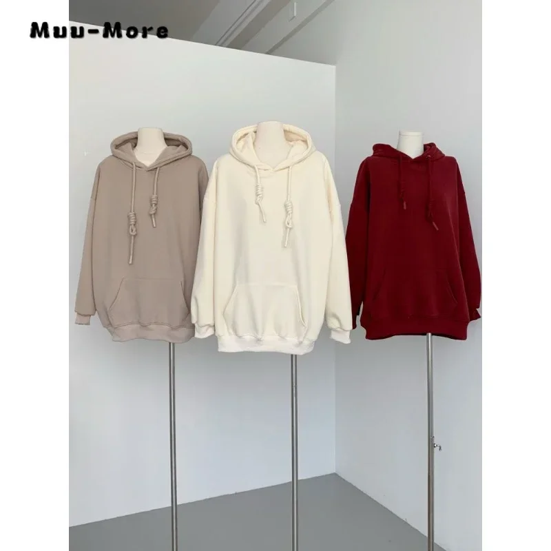 

2023 Winter Female Casual Basics Long Sleeve Solid Color Sweatshirts Women's FashionVintage Loose Fit Hoodies Drawstring Top