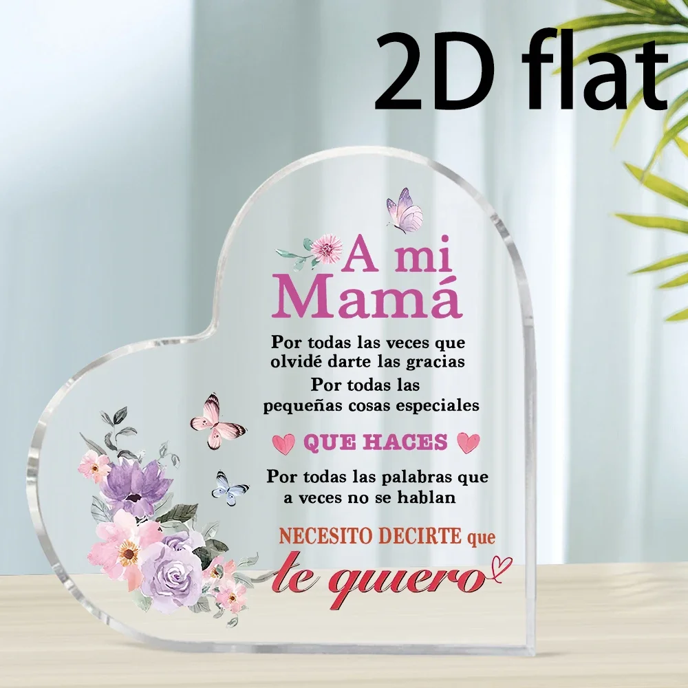 Heart Acrylic Plaque A mi Mamá Spanish Floral Butterfly Mother's Day Gift,Clear Heart Acrylic Sign Purple Flower Butterfly Mom Appreciation Desk Decor
