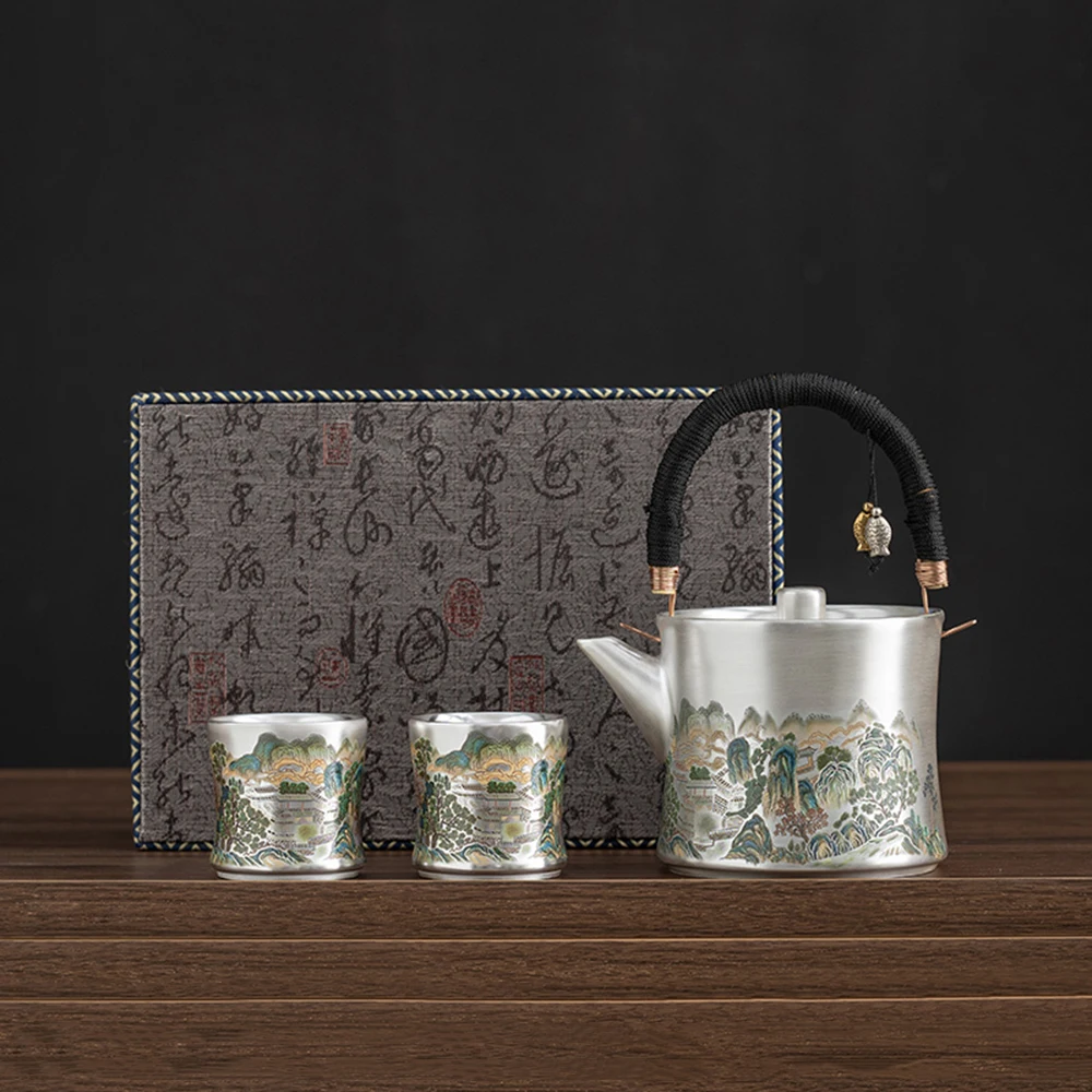 Silver glazed ceramic tea set, Teapot with tea filter, Tea cup combination, Chinese Kung Fu tea set, High end gift box packaging