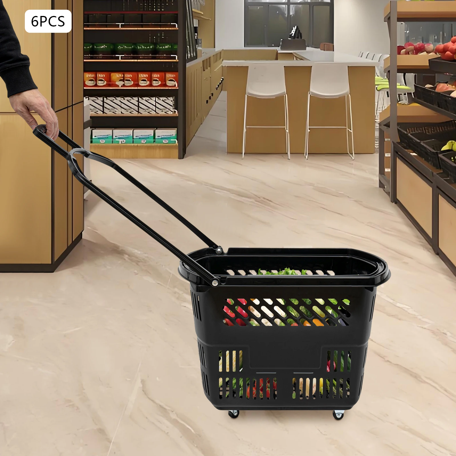 

6 шт. тележки для покупок с колесами и ручкой, черная корзина для покупок, пластиковая корзина для покупок на колесиках, портативный набор корзин для покупок, 35 л