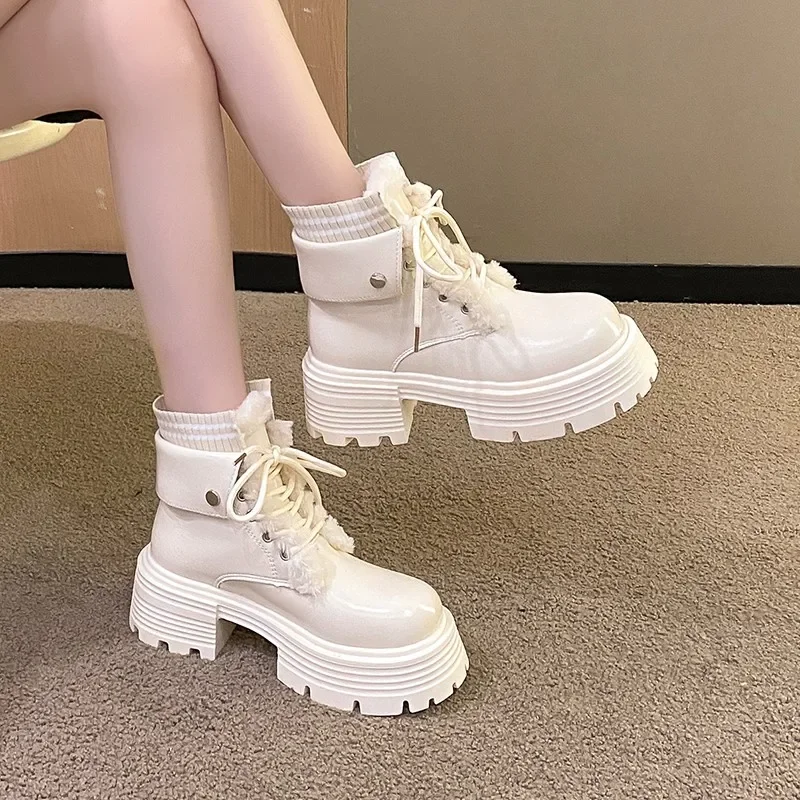 2024 High Quality Ladies Shoes Lace-up Women's Boots Fashion Rivet Office and Career Hot Sale Round Toe Platform Ankle Boots