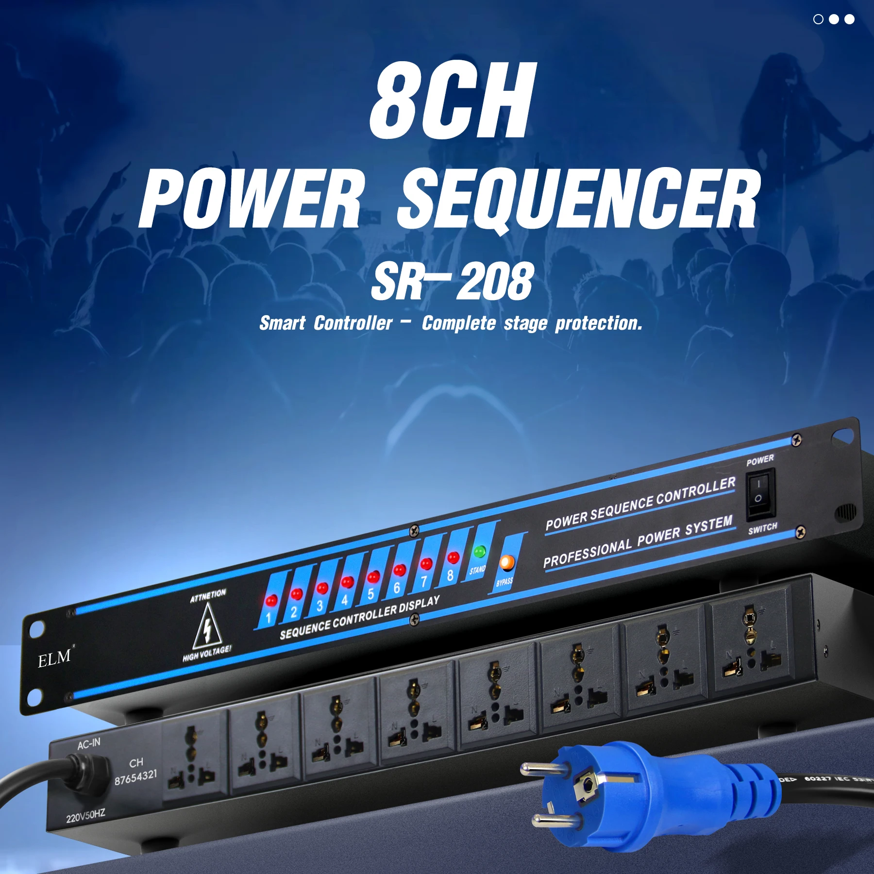 8CH Power Sequencer SR-208 Professional Audio Stage Power Controller with Sequential Delay Switch & 6-Level Overload Protection