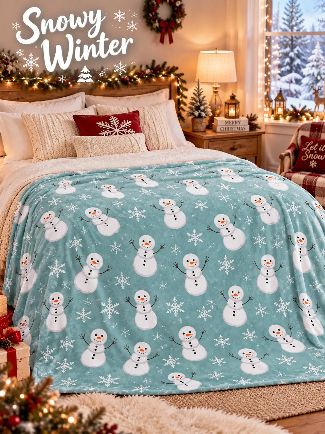 Winter Flannel Blankets & Throws Snowman Snowflake Snowfall Scene Sofa Couch Bed Nap Blanket Living Room Bedroom Dorm Office Reading Travel Camping Picnic Cabin RV Home Decor Family Friends Holiday Gift Housewarming Birthday Anniversary Present
