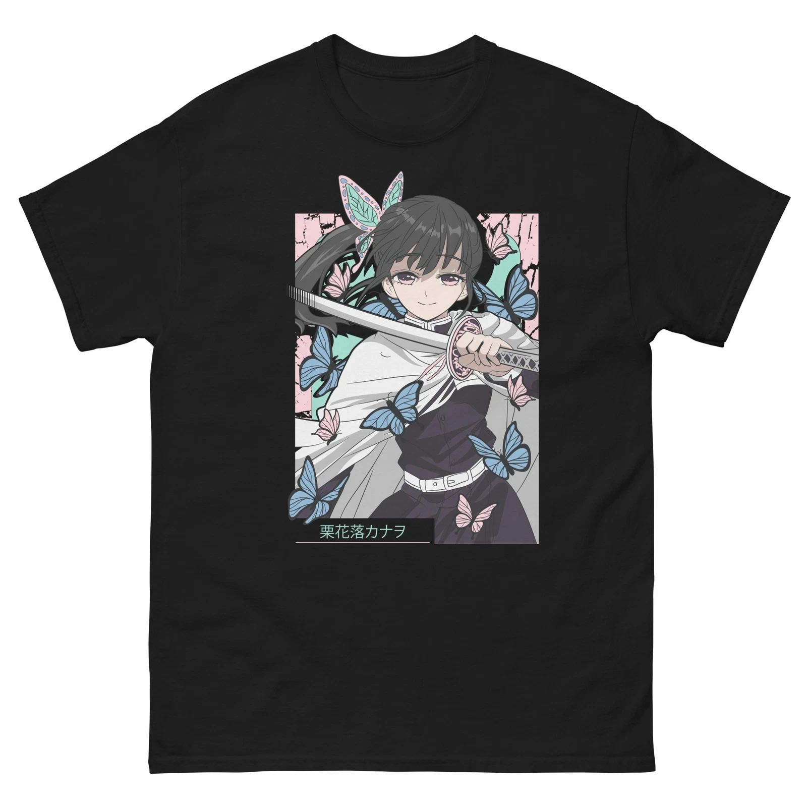 Sommer Kanao Tsuyuri Demon Slayer Elegantes Anime-Schwarzshirt Japanisches Manga-Geschenk Kunst für Jungen Rundhals Kurzarm