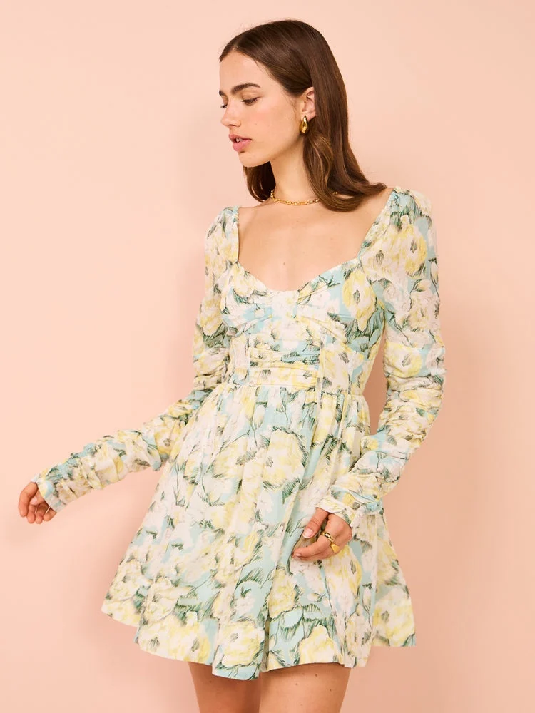 

Women Sweetheart Flower Print Backless Bowknot Long Sleeve Linen Mini Dress