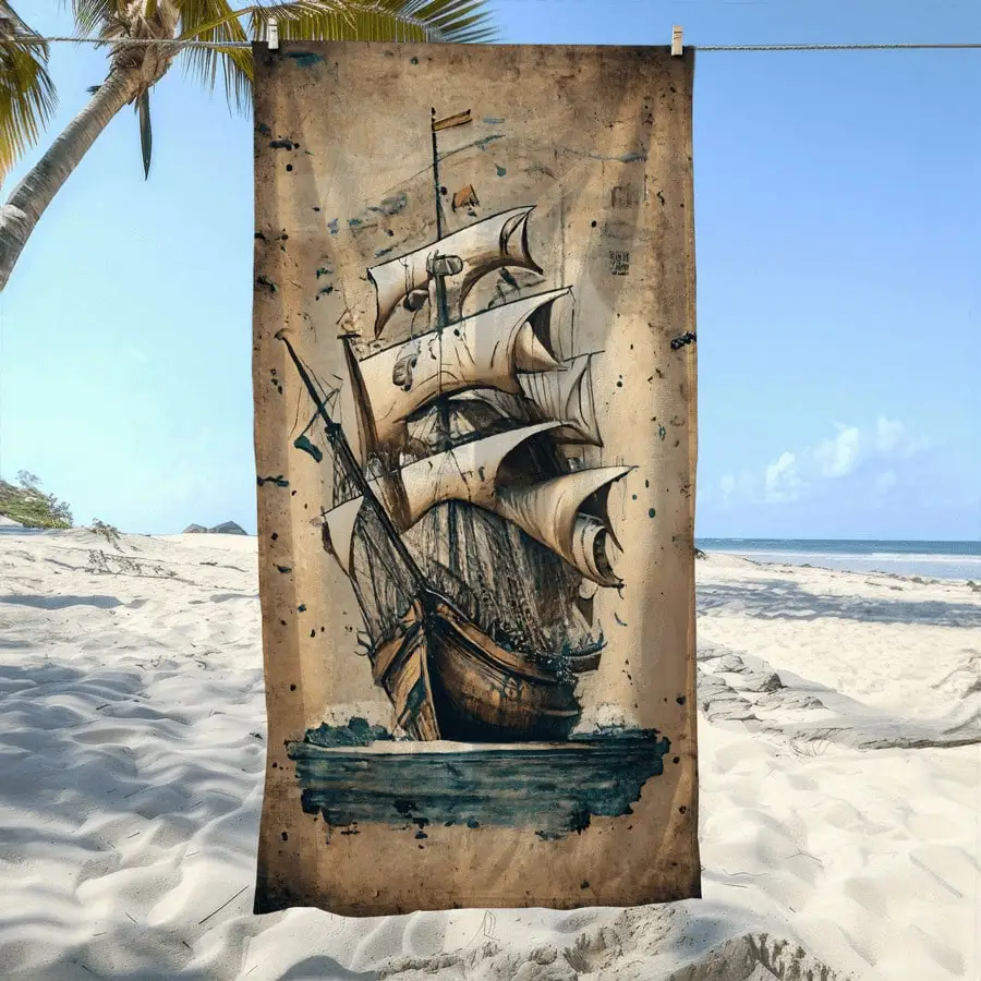 1 Piece Nautical Sailboat Design Beach Towel - Soft, Quick-Drying Microfiber, Sand Resistant, Classic Maritime Design with Sailb