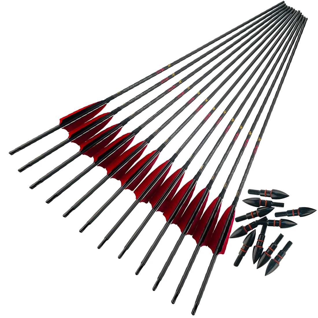 Pure Carbon Arrows Horseback, Longbow Hunting, Fast Shooting, Y Nock Spine, 300-1000, ID6.2mm, 12Pcs