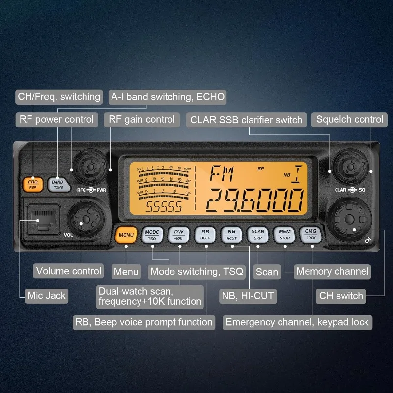 QT60 Pro 10 Meter Radio SSB, AM, FM, PA, 60W High Power Amateur Ham Mobile Transceiver, Large LCD Display, RX & TX Noise