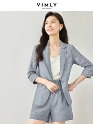 VIMLY 2 Piece Blazer Shorts Set Women 2024 Spring Elegant Fashion Gray Linen Cotton Blend Summer Outfits Lady Clothing Set V8356