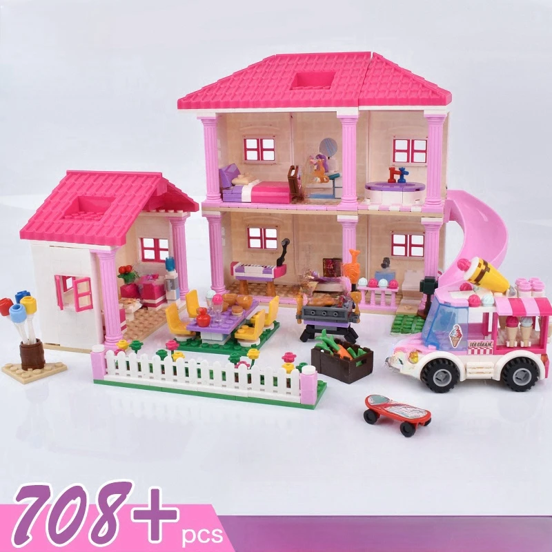 บล็อกสร้างบ้าน 3in1 สไตล์วิลล่าสำหรับเด็กผู้หญิง ของเล่นสร้างสรรค์สำหรับตกแต่งโต๊ะทำงาน ของขวัญวันเกิดและคริสต์มาสสำหรับเด็กผู้หญิง