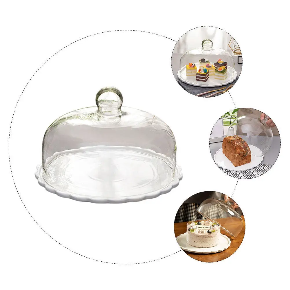 1Set Cake Cover Transparent Glass Food Lid Ceramic Bread Plate Cover Set for Dessert Snacks Pastry Display Ceramic Bread Plate