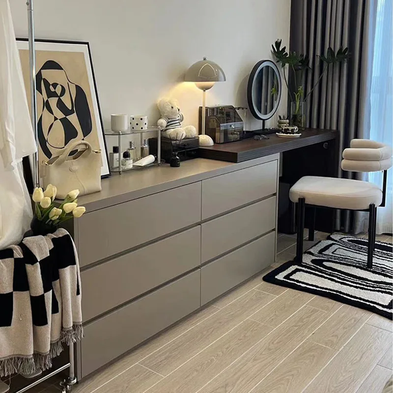 Comò in legno massello, cassettiera, comodino combinato integrato, toletta, camera da letto ad angolo