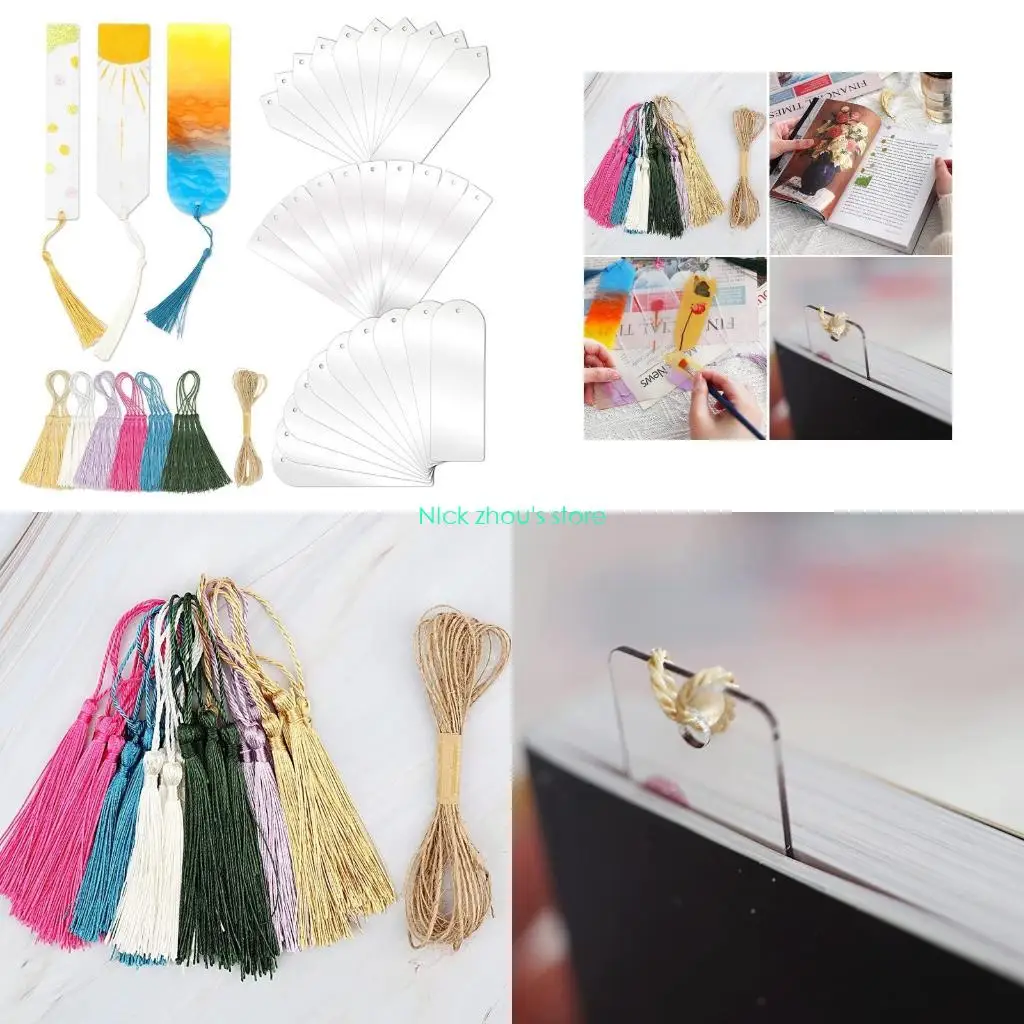 E15E Acrylic Blank Bulk Tassels Set for Notebook DIY Craft 30Pieces 3 Bookmarks 6 Color Tassel Rope