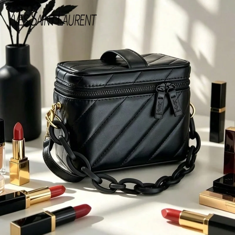 Yves Saint Laurent’s Bag Black Quilted Mini YSL Cosmetic Bag Built-in Mirror Multi-purpose Makeup Pouch with Detachable DIY