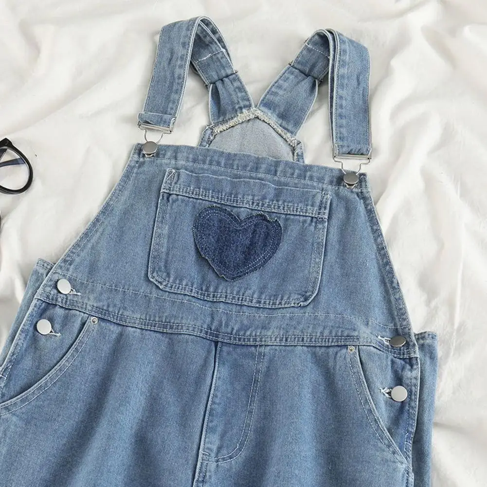 Denim Overalls for Women Loose Fit Classic Bib Casual Jean Denim Overall Jumpsuit Tapered Leg Jean Pants with Front Heart Pocket