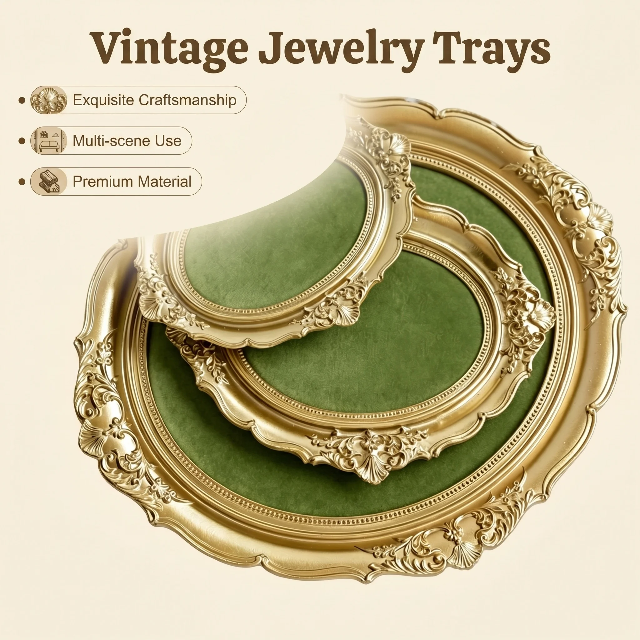 Green Oval Jewelry Display Tray Set, 3 Sizes Resin Gold Frame Plate, Ring Necklace Earring Organizer, Counter Showcase Prop