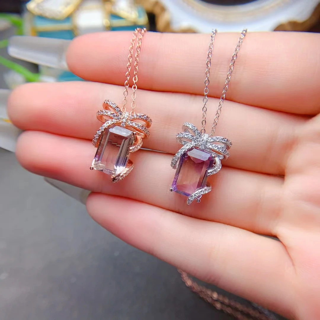 Emerald Cut Natural Ametrine Pendant 8*12mm VVS 4ct Ametrine Jewelry with Gold Plating Solid 925 Silver Crystal Necklace Pendant