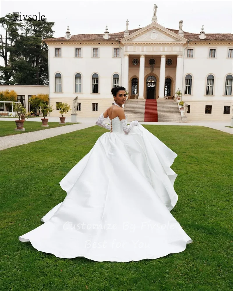 Fivsole الحديثة الدانتيل الرسن ألف خط فستان الزفاف عارية الذراعين ذيل طويل فساتين العروس طول الأرض فستان الزفاف حسب الطلب