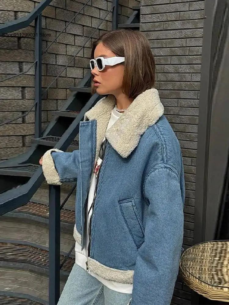 Women's Autumn and Winter Jacket Lambswool Patchwork Zipper Coat with Turn-Down Collar and Color Block Design