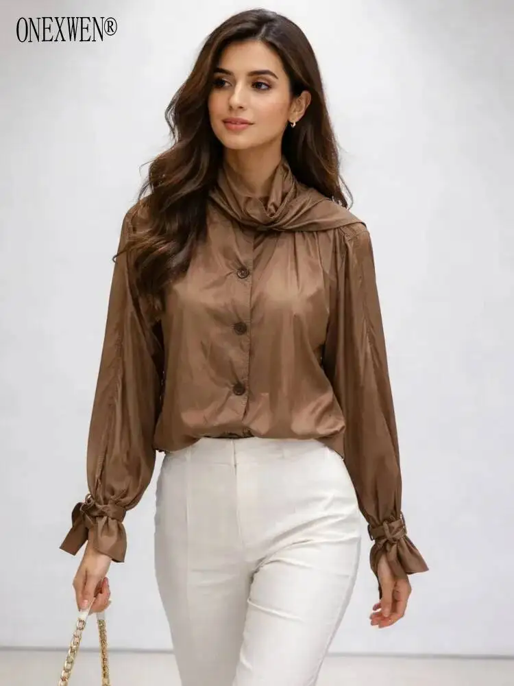 ONEXWEN Elegant Brown Hooded Blouse For Women Long Sleeve Tie-Cuff Satin Shirt Ruched Button-Down Lightweight Casual Top ZM5432
