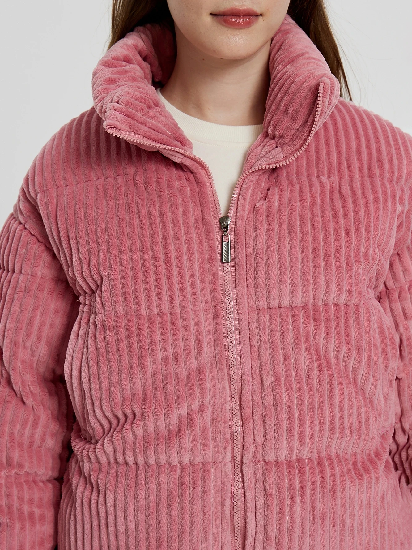 REDDACHiC Pink Striped Corduroy Women Turtleneck Puffer Jacket Casual Thick Warm Cotton-Padded Crop Quilted Coat Winter Parkas