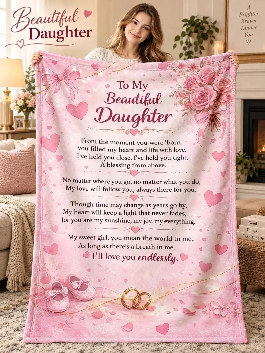 Daughter Floral Rings Love Poem Flannel Blankets Sofa Throw Bed Home Decor Bedroom Living Room Halloween Thanksgiving Christmas Anniversary Birthday Housewarming Guestroom Lounge Apartment Travel Office Nap Seasonal Accent Gift for Family Friends