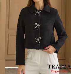 TRAFZA Women Bow Tie Jacket Buttons Textured Commuter Versatile Slim Jacket New 2024 Spring Autumn Fashion Sweet Jacket