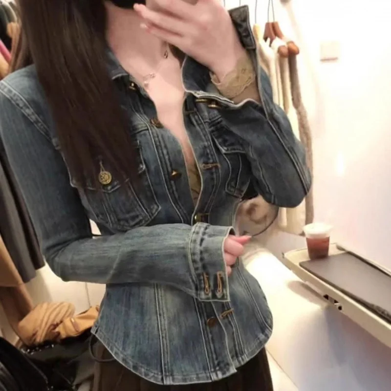 الأمريكية الرجعية الياقة الزرقاء قميص المرأة الشتاء الراقية معطف الخصر الأعلى #2